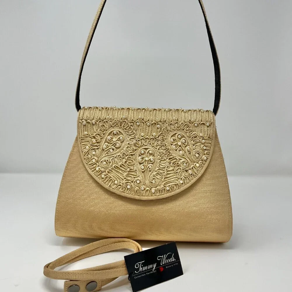 Timmy Woods Beverly Hills Purse Gold Textured w/High Relief Pearl Embroidery